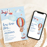 Kids Vintage Aviation Watercolor Birthday Party Invitation<br><div class="desc">Get ready to jet set into the birthday party of the year with our aviation-themed party invitations! Set against a soothing blue watercolor background, these invites are adorned with a playful red, white and blue aeroplane and hot air balloon, soaring against a sky handwritten with clouds and stars. The best...</div>