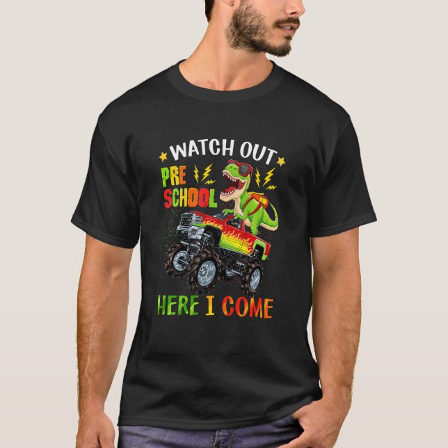 Kids Watch Out Preschool Here I Come Monster Truck T-Shirt (Front)