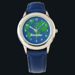 Kid's watch with planet earth and custom name<br><div class="desc">Kid's watch with planet earth map and custom name. Personalised wrist watch for little children. Add your own name, monogram or quote. Suitable for boy or girl. Also nice as Christmas Holiday gift for children; son, grandson, daughter, granddaughter, niece, cousin, grandchild, friend, stepdaughter etc. Save planet earth watch with custom...</div>