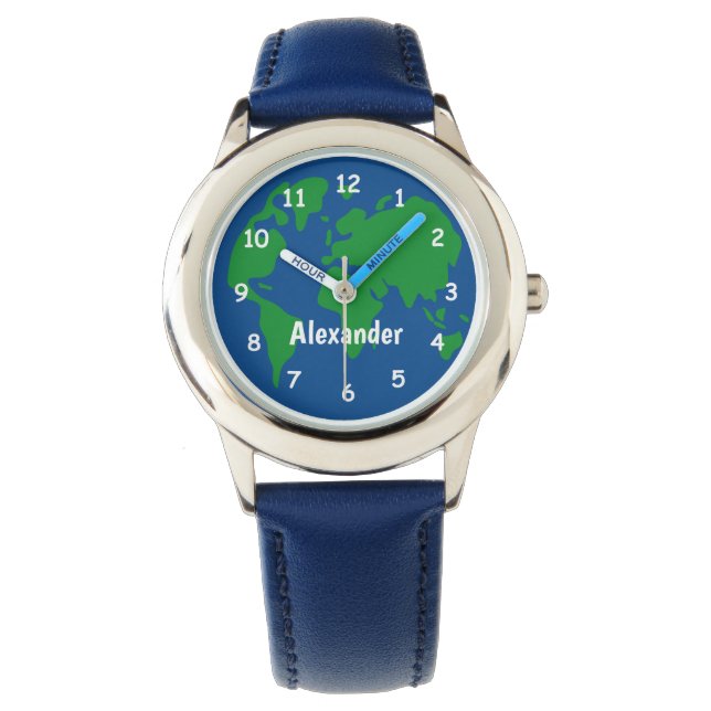 Kid's watch with planet earth and custom name (Front)