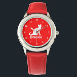 Kid's watch with white cat | Customisable pet name<br><div class="desc">Kids watch with white cat | Customisable with pet name. Personalizable wrist watches for children. Cute Birthday gift idea for girls. Silhouette of white kitten design. Red background.</div>