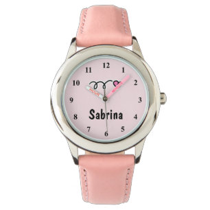 Kid's watches with pink heart and name of child