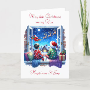 Kids Watching Santa on Christmas Eve Holiday Card