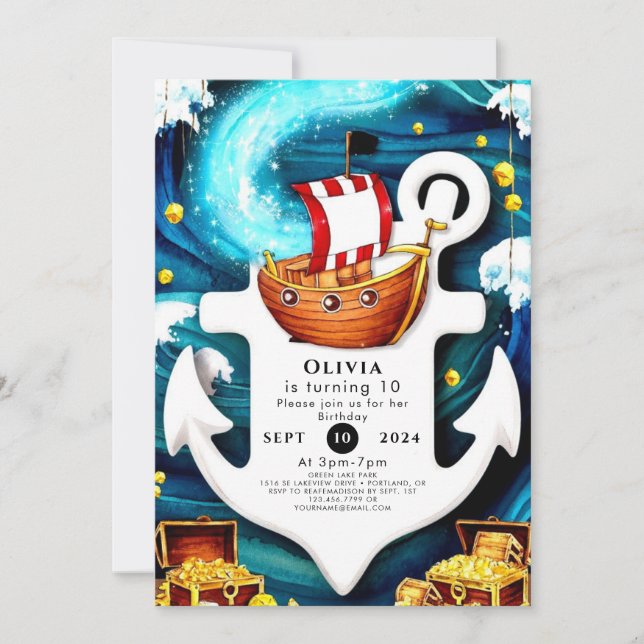 Kids' Watercolor Ahoy Pirate Birthday Invitation (Front)