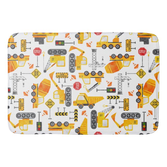 Kids Watercolor Construction Vehicles Bath Mat (Front)