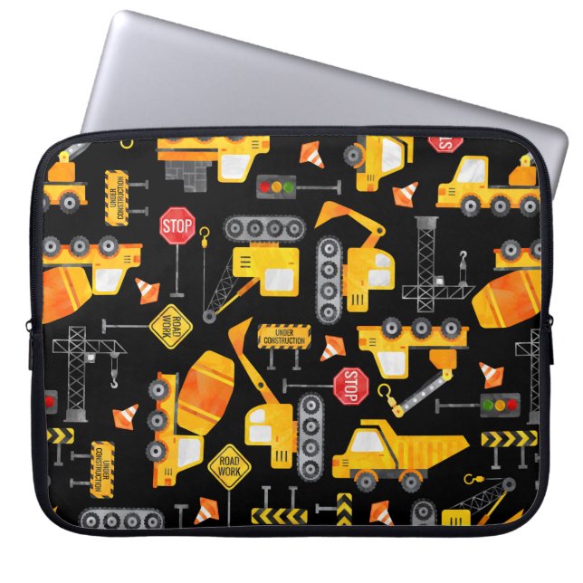 Kids Watercolor Construction Vehicles Pattern Laptop Sleeve (Front)