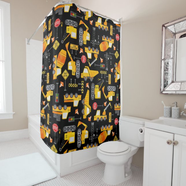 Kids Watercolor Construction Vehicles Pattern Shower Curtain (In Situ)
