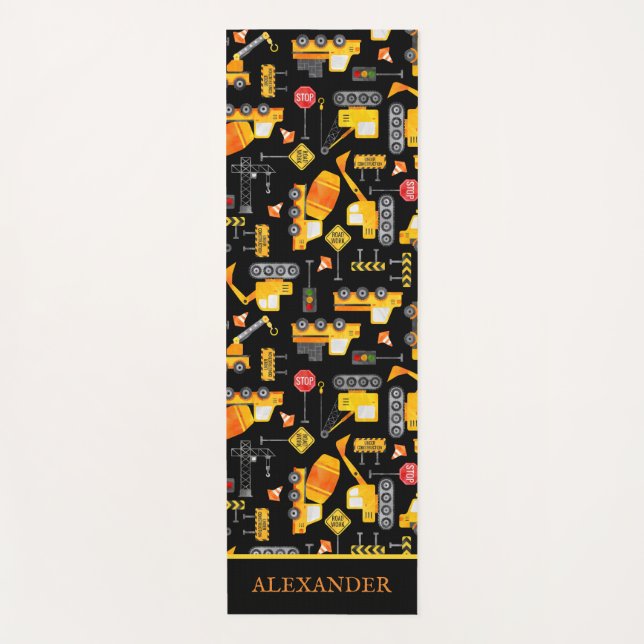 Kids Watercolor Construction Vehicles Personalised Yoga Mat (Front)