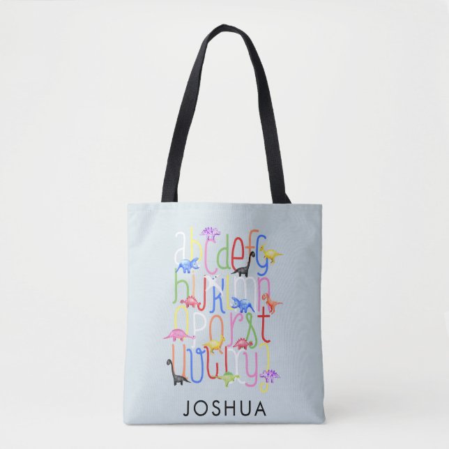 Kids Watercolor Dinosaur Alphabet with Name Boys Tote Bag (Front)