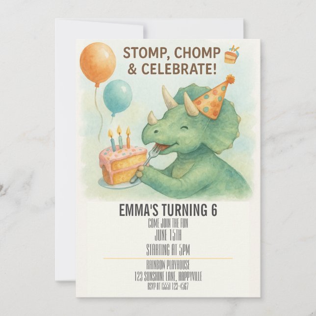 Kids Watercolor Dinosaur Birthday Invitation  (Front)