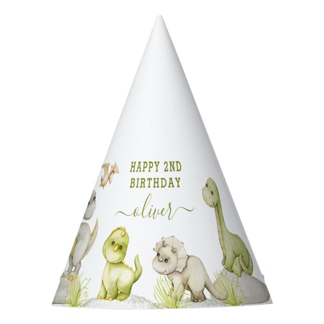 Kids Watercolor Dinosaur Birthday Party Party Hat (Front)