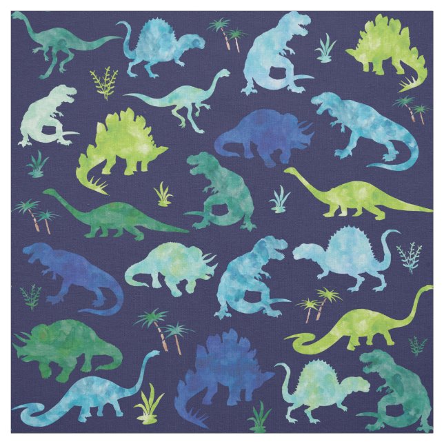 Kids Watercolor Dinosaur Silhouette Pattern Blue Fabric (Swatch)