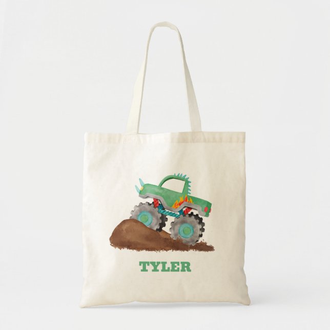 Kids Watercolor Green Monster Stunt Truck Tote Bag (Front)