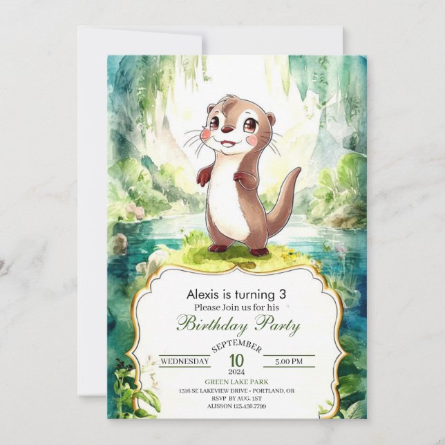 Kids Watercolor Otter Birthday Invitation (Front)