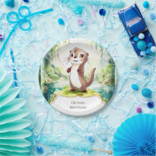 Kids Watercolor Otter Birthday Paper Plate