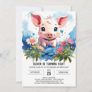 Kids Watercolor Piglet Barnyard Adventure Birthday Invitation