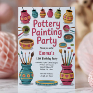 Kids Watercolor Pottery Painting Birthday Party Invitation