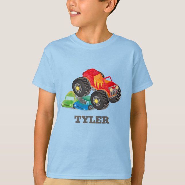 Kids Watercolor Red Monster Stunt Truck T-Shirt (Front)