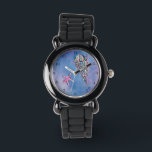 *~* Kids Watercolor Sea Beach Jelly Fish Star Fish Watch<br><div class="desc">Star Fish Jelly Fish Gold Glitter Purple Glitter Blue Glitter beach symbols on a beach like bubbly frothy stylish blue abstract watercolor with some magenta background are decorating the face of this pretty children's kids watch. The watch has a sparkly glitter silver leather band and a has black watch hands...</div>