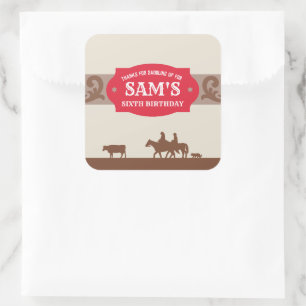 Kids Western Birthday Party Red/Brown Thank You  Square Sticker
