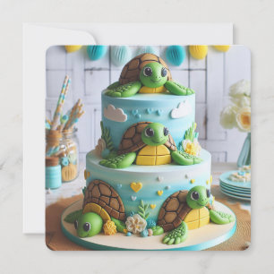 Kids Whimsical Turtle Themed Birthday Cake  Invitation