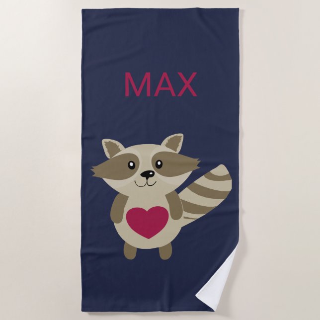 Kids Woodland Racoon Adorable Personalised Animal Beach Towel (Front)