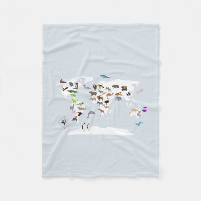 Kids World Map Animals Fleece Blanket (Front)