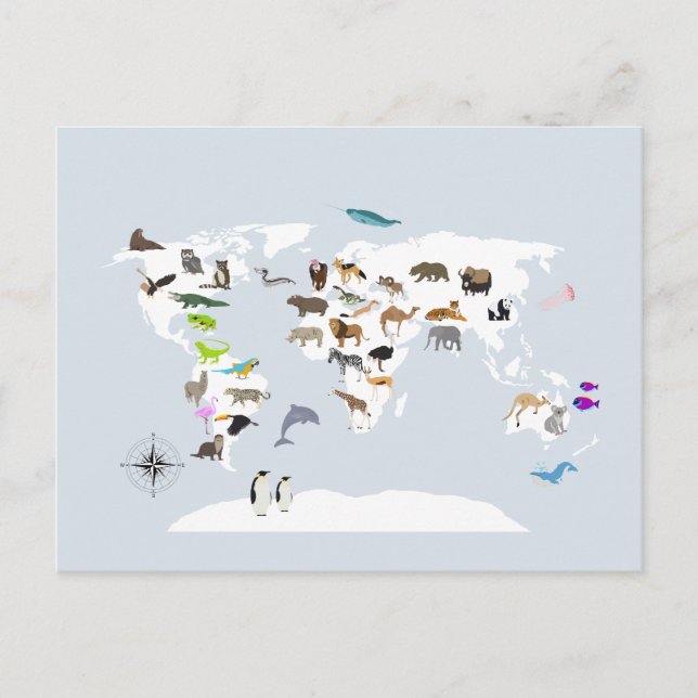Kids World Map Animals Holiday Postcard (Front)