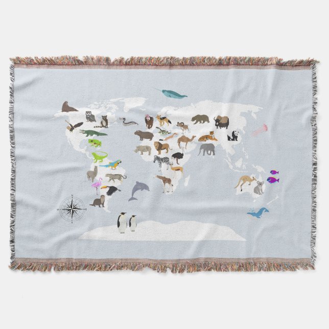 Kids World Map Animals Throw Blanket (Front)