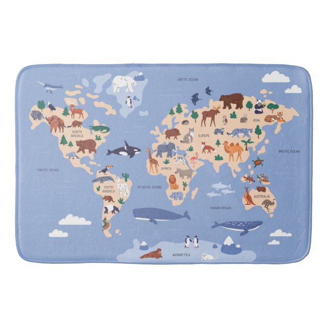 Kids World map Cute Whimsical Modern Bath Mat (Front)