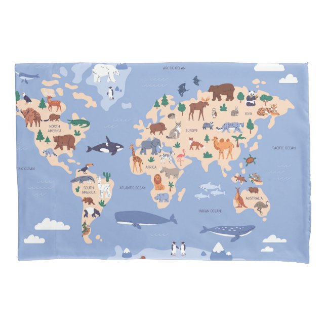 Kids World map Cute Whimsical Modern Pillowcase (Front)