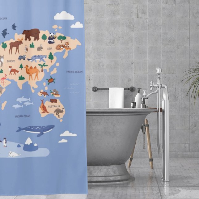 Kids World map Cute Whimsical Modern Shower Curtain (World map Cute Modern Kids Shower Curtain
)