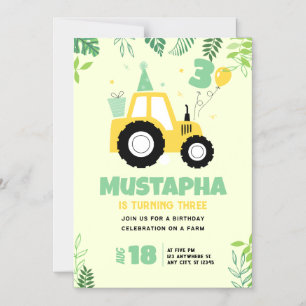 Kids Yellow Farm Tractor 3rd Birthday Party  Magnetic Invitation