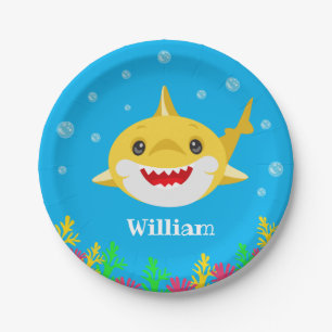 Kids Yellow Shark Personalized Birthday Paper Plate
