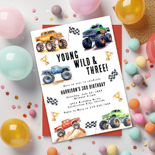 Kids Young Wild And Three Monster Trucks Invitation