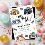 Kids Young Wild And Three Monster Trucks Invitation<br><div class="desc">Attention all little party animals! Get ready to rev up the fun with our Young Wild And Three 3rd Birthday Kids Monster Car Trucks Invitation. Adorned with adorable and vibrant monster car trucks, this modern typography script invites you to join in on the celebration. Let's roar into the third year...</div>