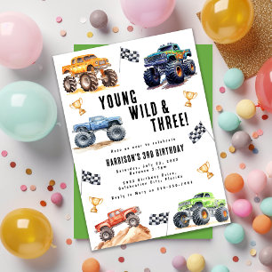 Kids Young Wild And Three Monster Trucks Invitation