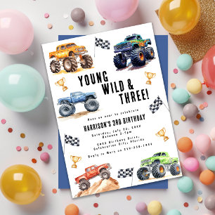 Kids Young Wild And Three Monster Trucks Invitation