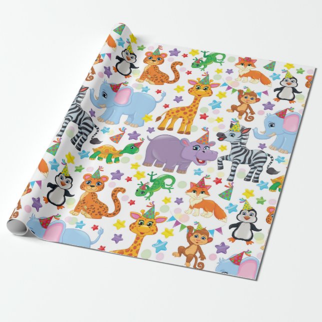 Kids Zoo Animals Wrapping Paper (Unrolled)