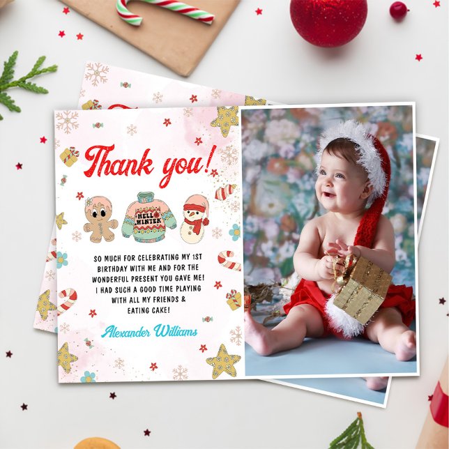 Kidsmas Winter Christmas Birthday Party Photo Thank You Card (Creator Uploaded)