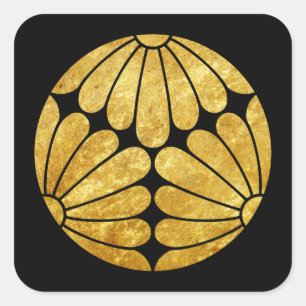 Kiku Chrysanthemum Mon faux gold on black Square Sticker