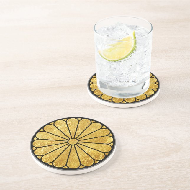 Kiku Chrysanthemum Mon in faux gold on black Coaster (Side)