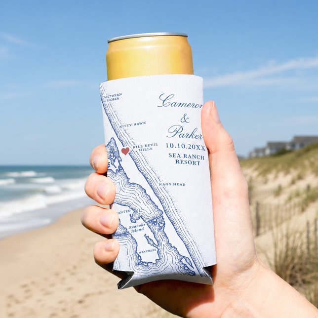 Kill Devil Hills Map OBX Navy Blue Wedding Favour Seltzer Can Cooler (Sea Ranch Resort OBX Kill Devil Hills Map Wedding Favor Can Coozie from Coastal Map Designs)