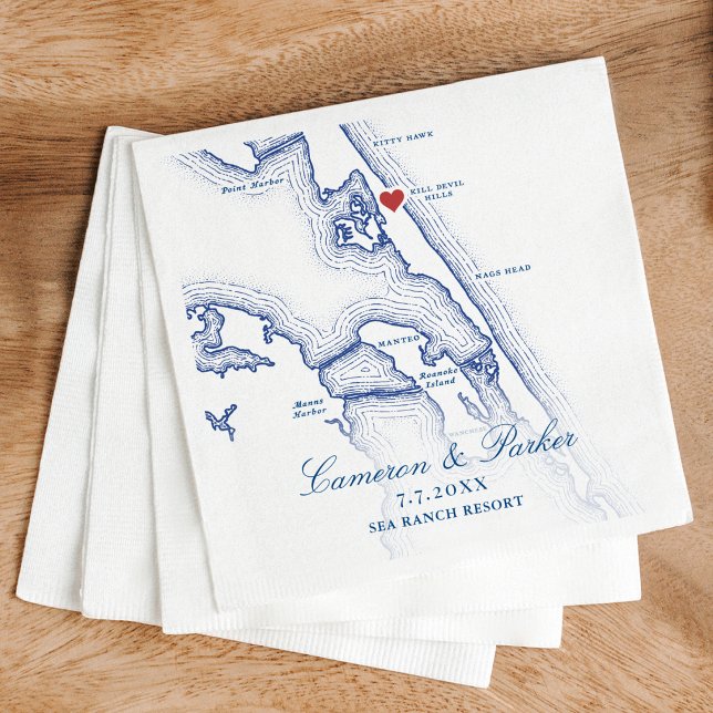Kill Devil Hills Map OBX Navy Blue Wedding Napkin (Kill Devil Hills NC Map Navy Blue Outer Banks Wedding Napkins from Coastal Map Designs)