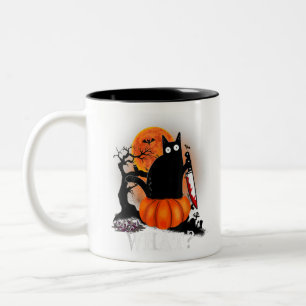 Killer Halloween Scary Moon Black Cat With Knife P Two-Tone Coffee Mug