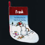 Killer Snowman Funny Cartoon Small Christmas Stocking<br><div class="desc">Cute and adorable. If you want a gift that is neither of those, this is a good choice. Features a funny cartoon of a scary snowman come to life and chasing children across a snowy winter wonderland. Personalzie it with your name or a friend's name for a custom gift. Available...</div>