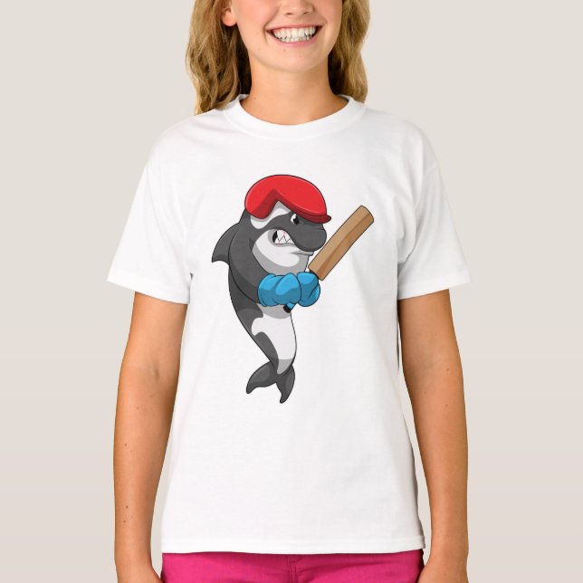 Killer whale at Cricket with Cricket bat T-Shirt (Front)