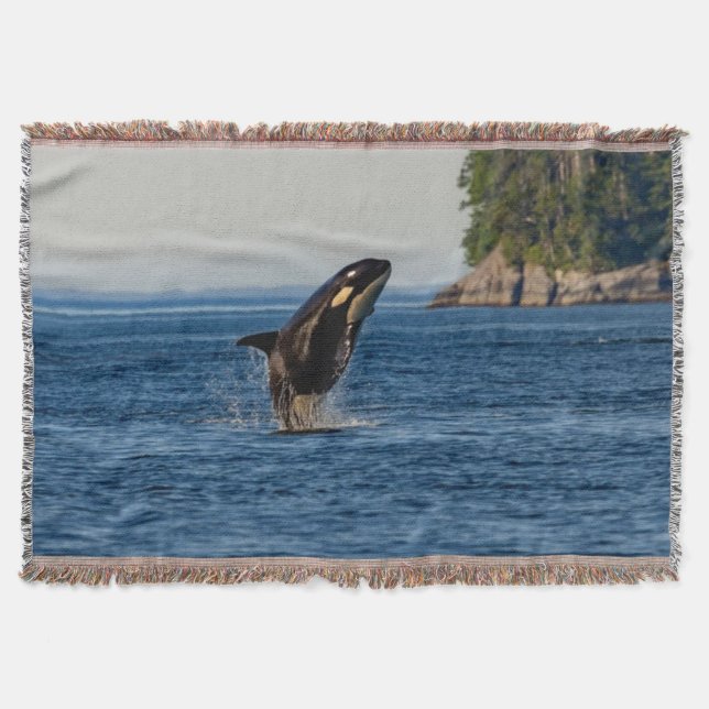 Killer Whale Breaching out of Ocean Water Throw Blanket (Front)