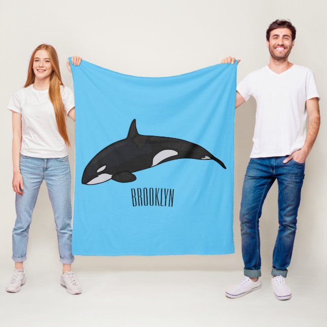 Killer whale cartoon illustration fleece blanket (In Situ)