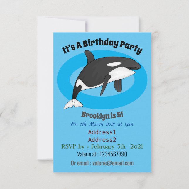 Killer whale cartoon illustration  invitation (Front)